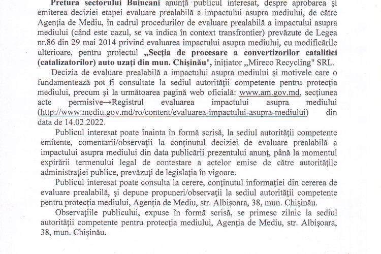 ANUNȚUL PUBLIC privind aprobarea deciziei etapei de evaluare prealabilă a impactului asupra mediului a activității planificate.  /